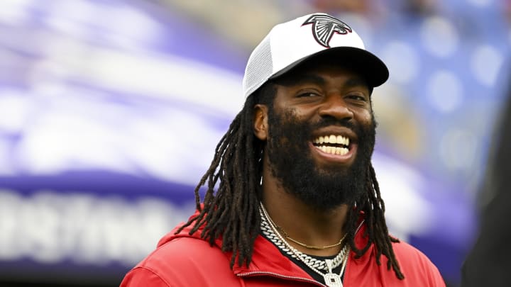 Aug 17, 2024; Baltimore, Maryland, USA;  Atlanta Falcons linebacker Matthew Judon stands on the field before a preseason game against the Baltimore Ravens at M&T Bank Stadium. Mandatory Credit: Tommy Gilligan-USA TODAY Sports