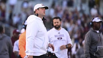 Nov 23, 2024; Starkville, Mississippi, USA;  Mississippi State Bulldogs head coach Jeff Lebby reacts to a play during the second quarter of the game against the Missouri Tigers at Davis Wade Stadium at Scott Field. Mandatory Credit: Matt Bush-Imagn Images