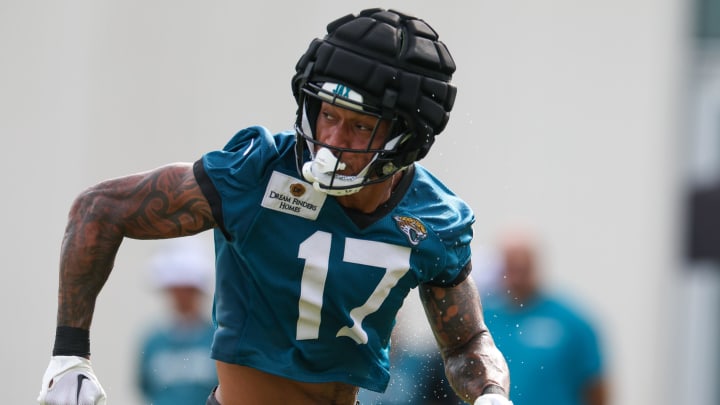 Jul 25, 2024; Jacksonville, FL, USA; Jacksonville Jaguars tight end Evan Engram (17) participates in training camp at Miller Electric Center Mandatory Credit: Nathan Ray Seebeck-USA TODAY Sports