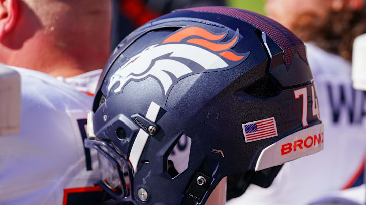 Nov 10, 2024; Kansas City, Missouri, USA; A general view of a Denver Broncos helmet against the Kansas City Chiefs during the first half at GEHA Field at Arrowhead Stadium. Mandatory Credit: Denny Medley-Imagn Images