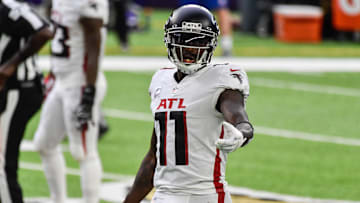 Oct 18, 2020; Minneapolis, Minnesota, USA; Atlanta Falcons wide receiver Julio Jones (11) in action during the game between the Minnesota Vikings and the Atlanta Falcons at U.S. Bank Stadium. Mandatory Credit: Jeffrey Becker-Imagn Images