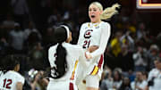 Apr 7, 2024; Cleveland, OH, USA;  South Carolina Gamecocks forward Chloe Kitts (21) reacts after defeating the Iowa Hawkeyes in the finals of the Final Four of the womens 2024 NCAA Tournament  at Rocket Mortgage FieldHouse. Mandatory Credit: Ken Blaze-Imagn Images