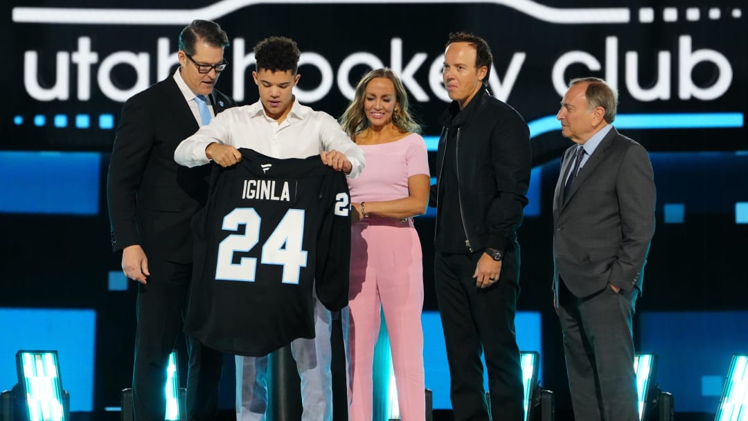 Jun 28, 2024; Las Vegas, Nevada, USA; Tij Iginla is selected with the 6th overall pick of the first round of the 2024 NHL Draft by the Utah Hockey Club at The Sphere. Mandatory Credit: Stephen R. Sylvanie-USA TODAY Sports Jun 28, 2024; Las Vegas, Nevada, USA; Tij Iginla is selected with the 6th overall pick of the first round of the 2024 NHL Draft by the Utah Hockey Club at The Sphere. Mandatory Credit: Stephen R. Sylvanie-USA TODAY Sports