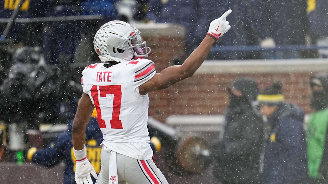 Ohio State Buckeyes wide receiver Carnell Tate (17) celebrates a touchdown catch during the NCAA football game against the Michigan Wolverines at Michigan Stadium in Ann Arbor, Mich. on Nov. 29, 2025. Ohio State won 27-9.