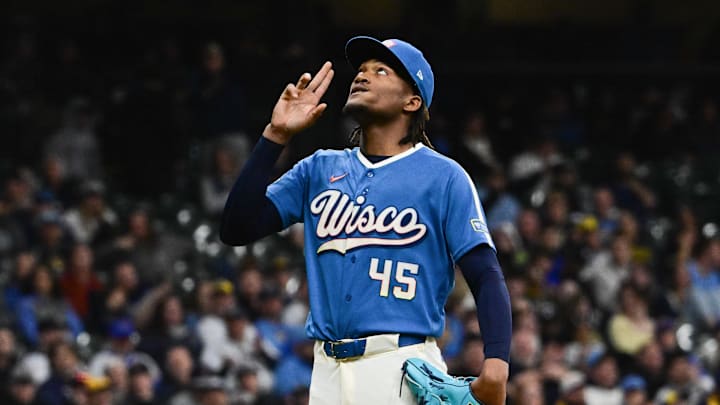 Apr 10, 2026; Milwaukee, Wisconsin, USA; Milwaukee Brewers pitcher Abner Uribe (45) reacts after the seventh inning against the Washington Nationals at American Family Field. Mandatory Credit: Benny Sieu-Imagn Images