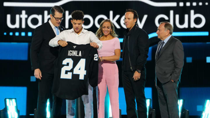 Jun 28, 2024; Las Vegas, Nevada, USA; Tij Iginla is selected with the 6th overall pick of the first round of the 2024 NHL Draft by the Utah Hockey Club at The Sphere. Mandatory Credit: Stephen R. Sylvanie-USA TODAY Sports