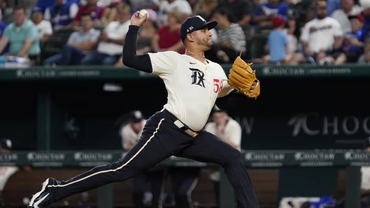 Aug 16, 2024; Arlington, Texas, USA; Texas Rangers pitcher Gerson Garabito (58) throws to the plate during the ninth inning against the Minnesota Twins at Globe Life Field. Mandatory Credit: Raymond Carlin III-USA TODAY Sports