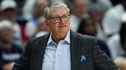 Mar 22, 2025; Storrs, Connecticut, USA; UConn Huskies head coach Geno Auriemma watches from the sideline as they take on the Arkansas State Red Wolves at Harry A. Gampel Pavilion. Mandatory Credit: David Butler II-Imagn Images