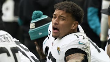 Oct 13, 2024; London, United Kingdom;  Jacksonville Jaguars tight end Evan Engram (17) during the second half of an NFL International Series game at Tottenham Hotspur Stadium. Mandatory Credit: Peter van den Berg-Imagn Images