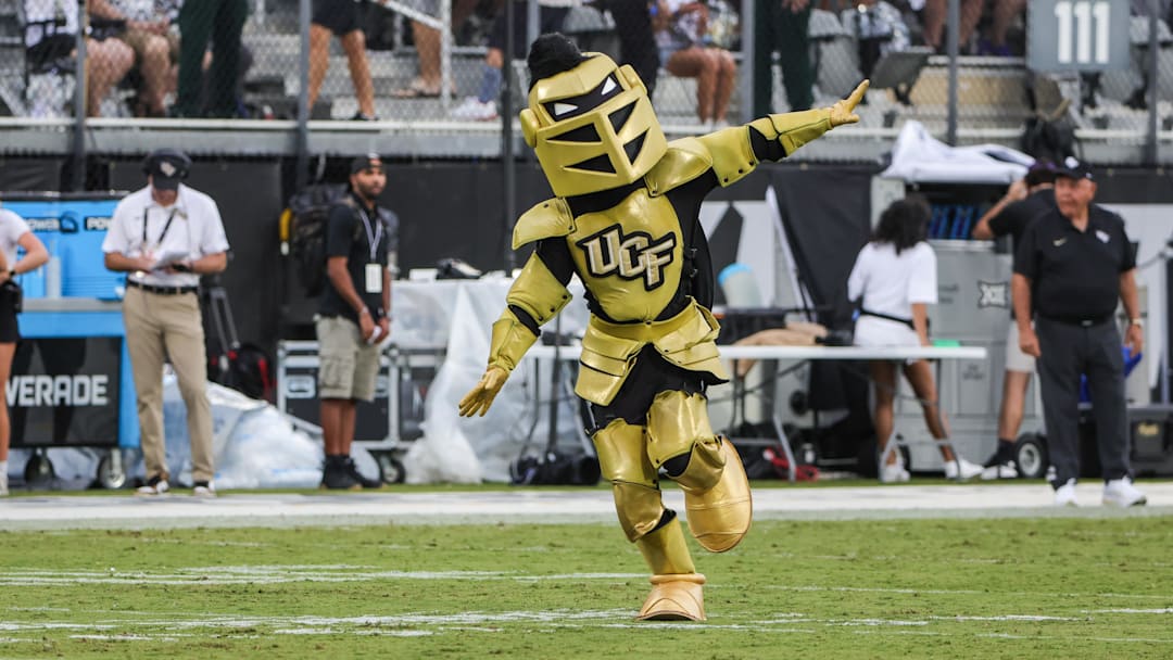 Aug 28, 2025; Orlando, Florida, USA; UCF Knights mascot Knightro performs before the game against the Jacksonville State Gamecocks at Acrisure Bounce House. Mandatory Credit: Mike Watters-Imagn Images