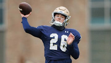 Notre Dame wide receiver Tyler Buchner (26) participates in a drill during a Notre Dame football practice at Irish Athletic Center on Monday, Dec. 16, 2024, in South Bend.