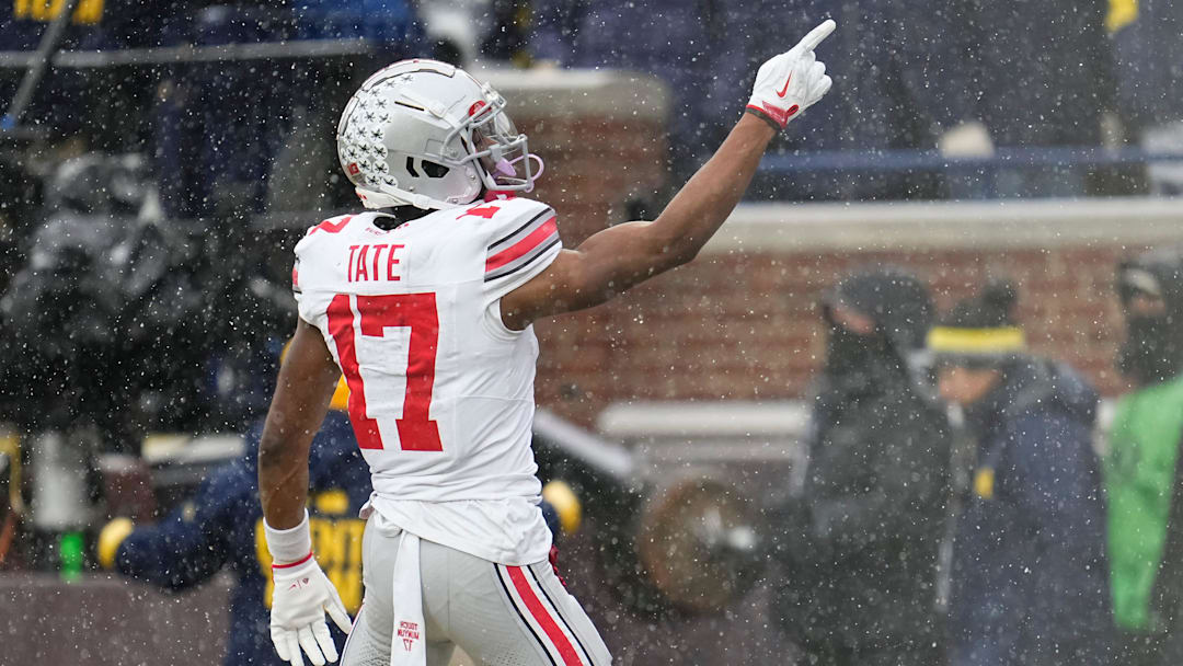 Ohio State Buckeyes wide receiver Carnell Tate (17) celebrates a touchdown catch during the NCAA football game against the Michigan Wolverines at Michigan Stadium in Ann Arbor, Mich. on Nov. 29, 2025. Ohio State won 27-9.
