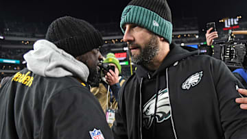 Dec 15, 2024; Philadelphia, Pennsylvania, USA; Pittsburgh Steelers head coach Mike Tomlin and Philadelphia Eagles head coach Nick Sirianni meet on the field after game at Lincoln Financial Field. Mandatory Credit: Eric Hartline-Imagn Images