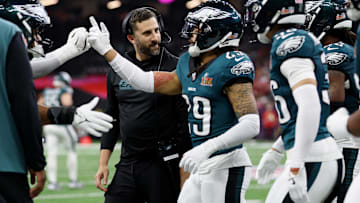 Philadelphia Eagles head coach Nick Sirianni reacts after cornerback Avonte Maddox (29) made a defensive stop during the second half of Super Bowl LIX.
