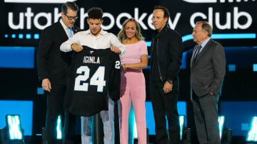 Jun 28, 2024; Las Vegas, Nevada, USA; Tij Iginla is selected with the 6th overall pick of the first round of the 2024 NHL Draft by the Utah Hockey Club at The Sphere. Mandatory Credit: Stephen R. Sylvanie-USA TODAY Sports