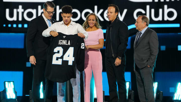 Jun 28, 2024; Las Vegas, Nevada, USA; Tij Iginla is selected with the 6th overall pick of the first round of the 2024 NHL Draft by the Utah Hockey Club at The Sphere. Mandatory Credit: Stephen R. Sylvanie-USA TODAY Sports