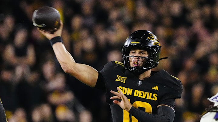 Arizona State quarterback Sam Leavitt (10) throws a pass against TCU during a game at Mountain America Stadium in Tempe on Sept. 26, 2025.