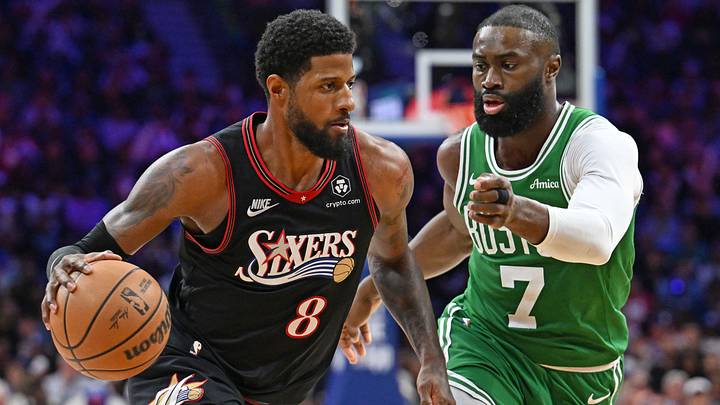 Apr 24, 2026; Philadelphia, Pennsylvania, USA; Philadelphia 76ers forward Paul George (8) drives to the basket against Boston Celtics guard Jaylen Brown (7) during the second half at Xfinity Mobile Arena. Mandatory Credit: Eric Hartline-Imagn Images