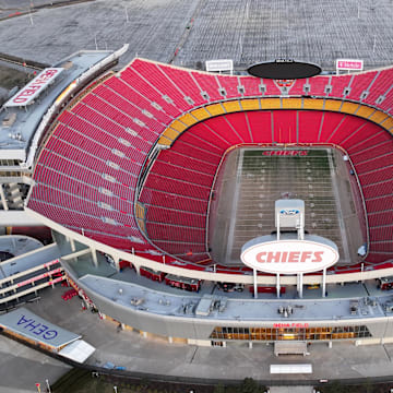 Feb 14, 2024; Kansas City, MO, USA; A general overall aerial view of Arrowhead Stadium at the Truman Sports Complex. Mandatory Credit: Kirby Lee-Imagn Images