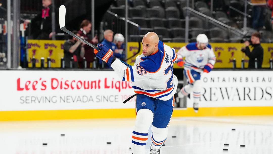 Mar 8, 2026; Las Vegas, Nevada, USA; Edmonton Oilers defenseman Darnell Nurse (25) warms up before a game against the Vegas Golden Knights at T-Mobile Arena. Mandatory Credit: Stephen R. Sylvanie-Imagn Images