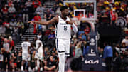 Nov 28, 2025; Inglewood, California, USA;  Memphis Grizzlies forward Jaren Jackson Jr. (8) reacts during the fourth quarter against the Los Angeles Clippers at Intuit Dome. Mandatory Credit: Kiyoshi Mio-Imagn Images