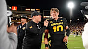 Sep 26, 2025; Tempe, Arizona, USA; Arizona State Sun Devils quarterback Sam Leavitt (10) celebrates with head coach Kenny Dillingham after win against TCU Horned Frogs at Mountain America Stadium, Home of the ASU Sun Devils. Mandatory Credit: Jacob Reiner-Imagn Images