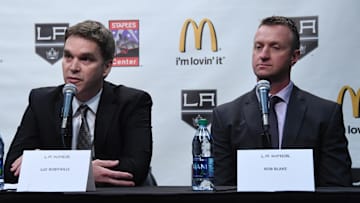 Apr 11, 2017; Los Angeles, CA, USA; Los Angeles Kings president Luc Robitaille (left) and general manager Rob Blake are introduced during press conference at the Staples Center. Mandatory Credit: Kirby Lee-Imagn Images