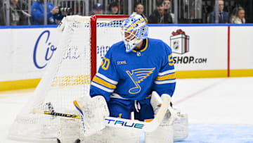 Dec 1, 2025; St. Louis, Missouri, USA; St. Louis Blues goaltender Jordan Binnington (50) defends the net against the Anaheim Ducks during the first period at Enterprise Center. Mandatory Credit: Jeff Curry-Imagn Images