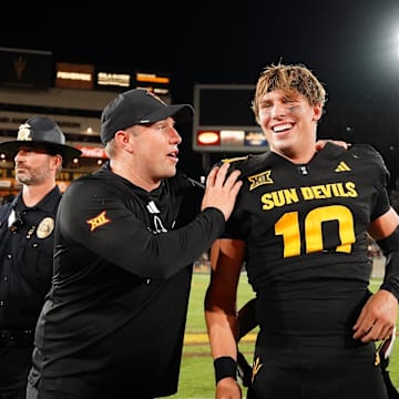 Sep 26, 2025; Tempe, Arizona, USA; Arizona State Sun Devils quarterback Sam Leavitt (10) celebrates with head coach Kenny Dillingham after win against TCU Horned Frogs at Mountain America Stadium, Home of the ASU Sun Devils. Mandatory Credit: Jacob Reiner-Imagn Images