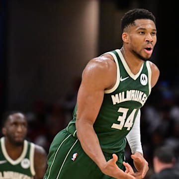 Oct 26, 2025; Cleveland, Ohio, USA; Milwaukee Bucks forward Giannis Antetokounmpo (34) celebrates after hitting a three point basket against the Cleveland Cavaliers during the second half at Rocket Arena. Mandatory Credit: Ken Blaze-Imagn Images