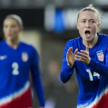 Emily Sonnett reacts during the United States women's soccer match against Canada in the SheBelieves Cup in Columbus, Ohio.