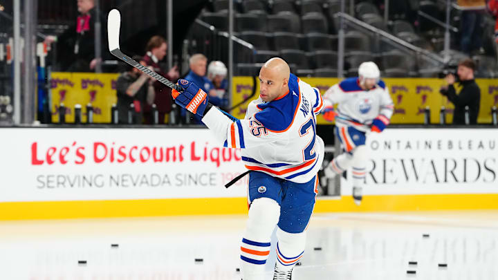 Mar 8, 2026; Las Vegas, Nevada, USA; Edmonton Oilers defenseman Darnell Nurse (25) warms up before a game against the Vegas Golden Knights at T-Mobile Arena. Mandatory Credit: Stephen R. Sylvanie-Imagn Images
