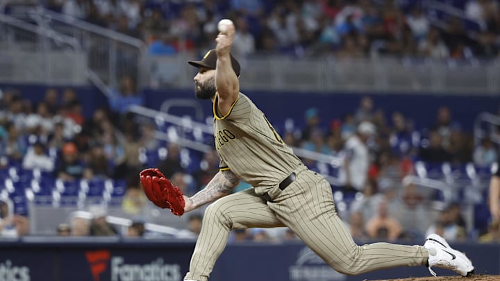 Aug 9, 2024; Miami, Florida, USA; San Diego Padres relief pitcher Tanner Scott (66) pitches in the tenth inning at loanDepot Park. Aug 9, 2024; Miami, Florida, USA; San Diego Padres relief pitcher Tanner Scott (66) pitches in the tenth inning at loanDepot Park.