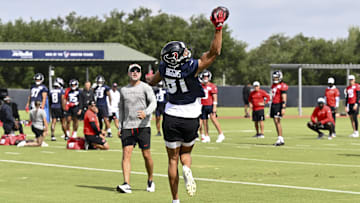 Jun 10, 2025; Houston, TX, USA; Houston Texans wide receiver Jayden Higgins (81) participates in a drill during an NFL football minicamp at NRG Stadium. Mandatory Credit: Maria Lysaker-Imagn Images 