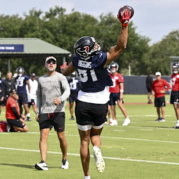 Jun 10, 2025; Houston, TX, USA; Houston Texans wide receiver Jayden Higgins (81) participates in a drill during an NFL football minicamp at NRG Stadium. Mandatory Credit: Maria Lysaker-Imagn Images 