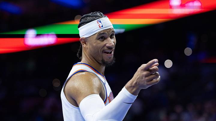 Nov 12, 2024; Philadelphia, Pennsylvania, USA; New York Knicks guard Josh Hart (3) reacts after a play against the Philadelphia 76ers during the fourth quarter at Wells Fargo Center. Mandatory Credit: Bill Streicher-Imagn Images