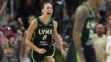 Sep 23, 2025; Minneapolis, Minnesota, USA; Minnesota Lynx forward Alanna Smith (8) celebrates making a shot against the Phoenix Mercury in the second half during game two of the second round for the 2025 WNBA Playoffs at Target Center. Mandatory Credit: Jesse Johnson-Imagn Images