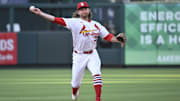 Jun 23, 2025; St. Louis, Missouri, USA; St. Louis Cardinals second baseman Brendan Donovan (33) throws to first for an out against the Chicago Cubs in the third inning at Busch Stadium. Mandatory Credit: Joe Puetz-Imagn Images