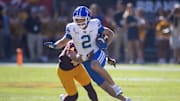 Nov 23, 2024; Tempe, Arizona, USA; Brigham Young Cougars wide receiver Chase Roberts (2) against the Arizona State Sun Devils at Mountain America Stadium. Mandatory Credit: Mark J. Rebilas-Imagn Images