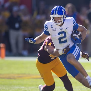 Nov 23, 2024; Tempe, Arizona, USA; Brigham Young Cougars wide receiver Chase Roberts (2) against the Arizona State Sun Devils at Mountain America Stadium. Mandatory Credit: Mark J. Rebilas-Imagn Images