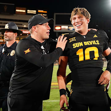Sep 26, 2025; Tempe, Arizona, USA; Arizona State Sun Devils quarterback Sam Leavitt (10) celebrates with head coach Kenny Dillingham after win against TCU Horned Frogs at Mountain America Stadium, Home of the ASU Sun Devils. Mandatory Credit: Jacob Reiner-Imagn Images