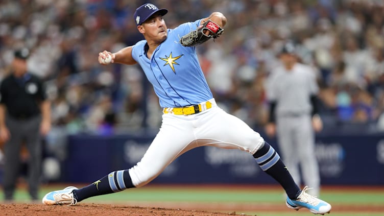 Aug 27, 2023; St. Petersburg, Florida, USA;  Tampa Bay Rays relief pitcher Robert Stephenson (26)