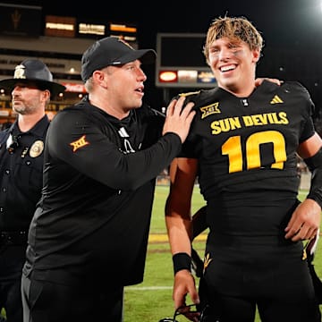Sep 26, 2025; Tempe, Arizona, USA; Arizona State Sun Devils quarterback Sam Leavitt (10) celebrates with head coach Kenny Dillingham after win against TCU Horned Frogs at Mountain America Stadium, Home of the ASU Sun Devils. Mandatory Credit: Jacob Reiner-Imagn Images