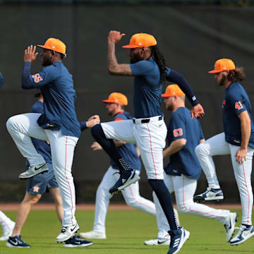Feb 14, 2025; West Palm Beach, FL, USA; Houston Astros relief pitcher Bryan Abreu (52), starting pitcher Ronel Blanco (56) and pitcher Miguel Castro (51) workout during spring training at CACTI Park of the Palm Beaches.