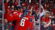 Mar 18, 2025; Washington, District of Columbia, USA; Washington Capitals left wing Pierre-Luc Dubois (80) celebrates with left wing Alex Ovechkin (8) after scoring a goal during the third period at Capital One Arena. Mandatory Credit: Peter Casey-Imagn Images