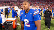 Florida Gators quarterback DJ Lagway (2) walks off the field after Georgia defeated Florida 24-20 in an NCAA football game, Saturday, Nov. 1, 2025, at EverBank Stadium in Jacksonville, Fla. [Doug Engle/Florida Times-Union]