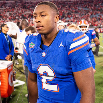 Florida Gators quarterback DJ Lagway (2) walks off the field after Georgia defeated Florida 24-20 in an NCAA football game, Saturday, Nov. 1, 2025, at EverBank Stadium in Jacksonville, Fla. [Doug Engle/Florida Times-Union]