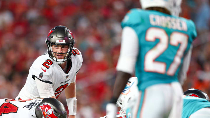 Aug 13, 2022; Tampa, Florida, USA;  Tampa Bay Buccaneers quarterback Kyle Trask (2) directs the line against the Miami Dolphins in the second quarter during preseason at Raymond James Stadium. Mandatory Credit: Nathan Ray Seebeck-USA TODAY Sports