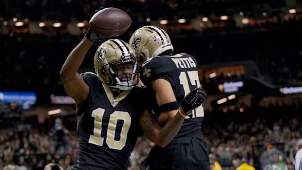 New Orleans Saints wide receiver Marquez Valdes-Scantling (10) reacts.