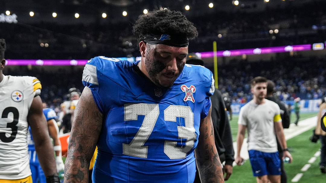 Detroit Lions guard Christian Mahogany (73) walks off the field after 29-24 loss to Pittsburgh Steelers at Ford Field in Detroit on Sunday, Dec. 21, 2025.